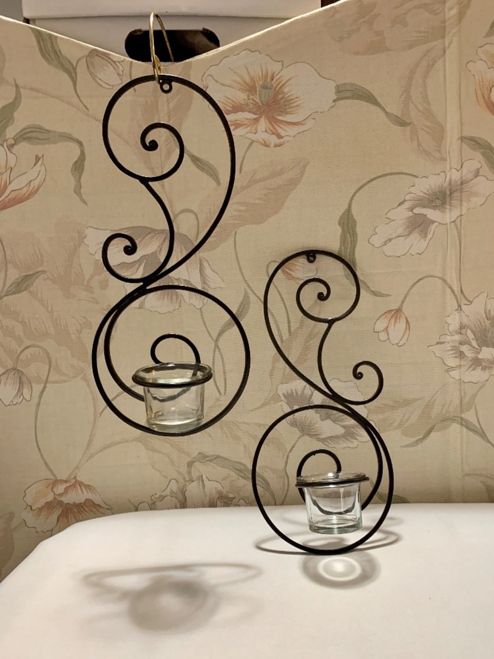 Pair Black Metal Scroll Swirl Sconces - Glass for both Candles and for Bud Vases